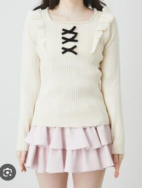 Ank Rouge japan longsleeve frilly knit sweater with pearl and black bows